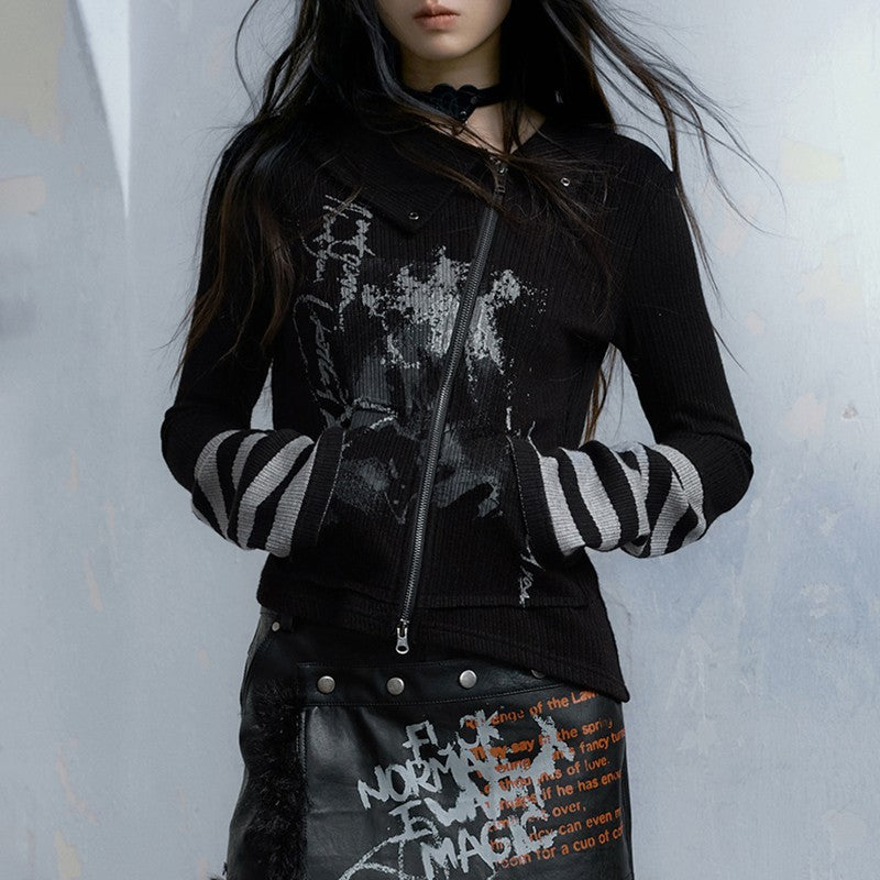 Graffiti Printing Zipper T-shirt Retro Gothic Irregular Top