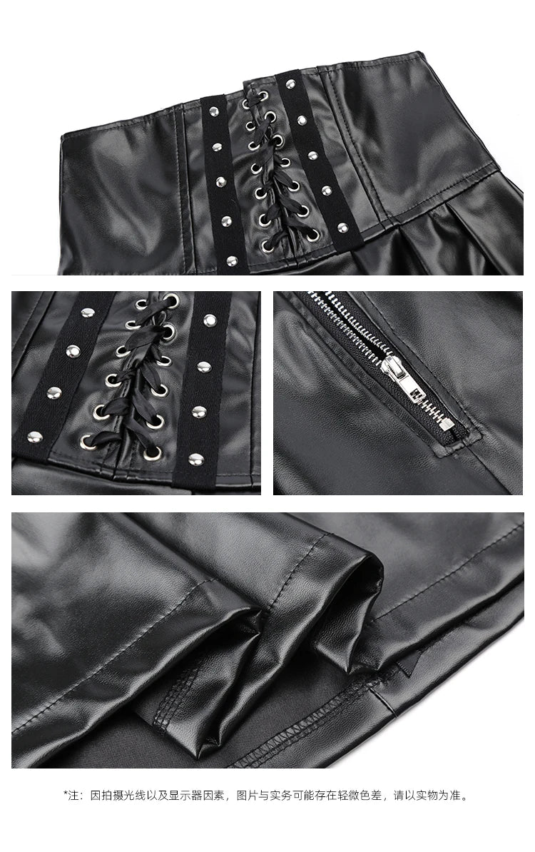 Lautaro Black Soft Pu Leather Pleated Skirt Women High Waist Goth Vintage Punk Style Luxury Designer Clothes 2025
