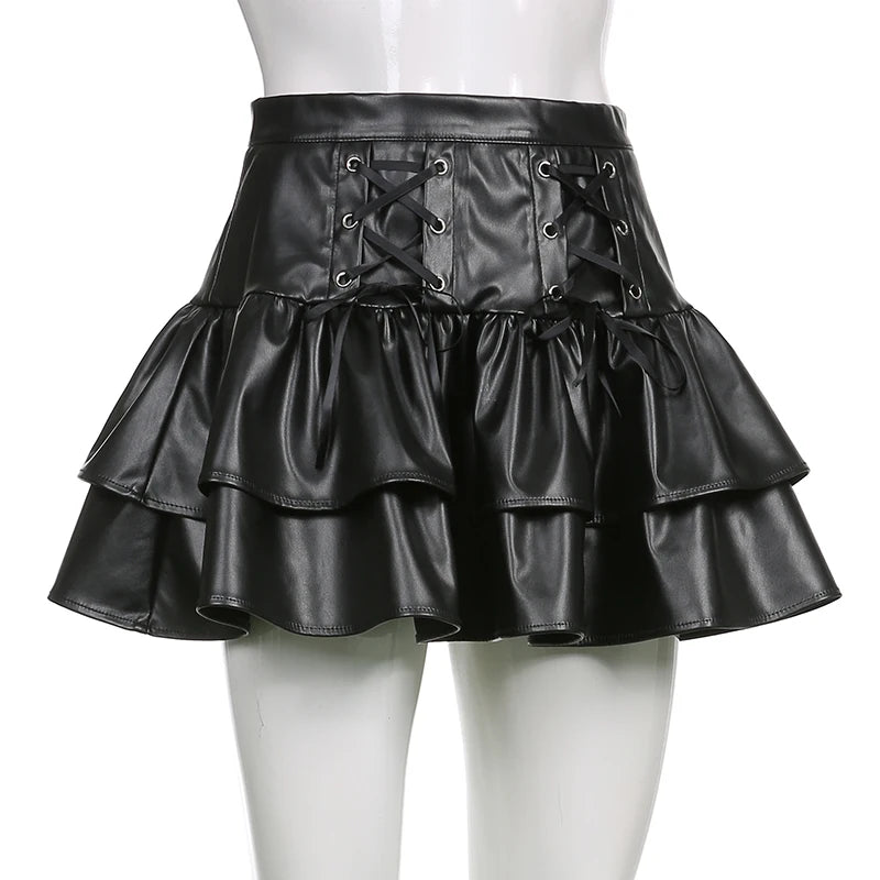 SUCHCUTE Goth Black Pu Leather Patchwork Lace Tiered Cake Mini Skirts Y2K Aesthetic 90s Lolita Skirt Women Sexy Low Waist Skirt