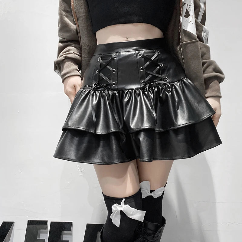 SUCHCUTE Goth Black Pu Leather Patchwork Lace Tiered Cake Mini Skirts Y2K Aesthetic 90s Lolita Skirt Women Sexy Low Waist Skirt