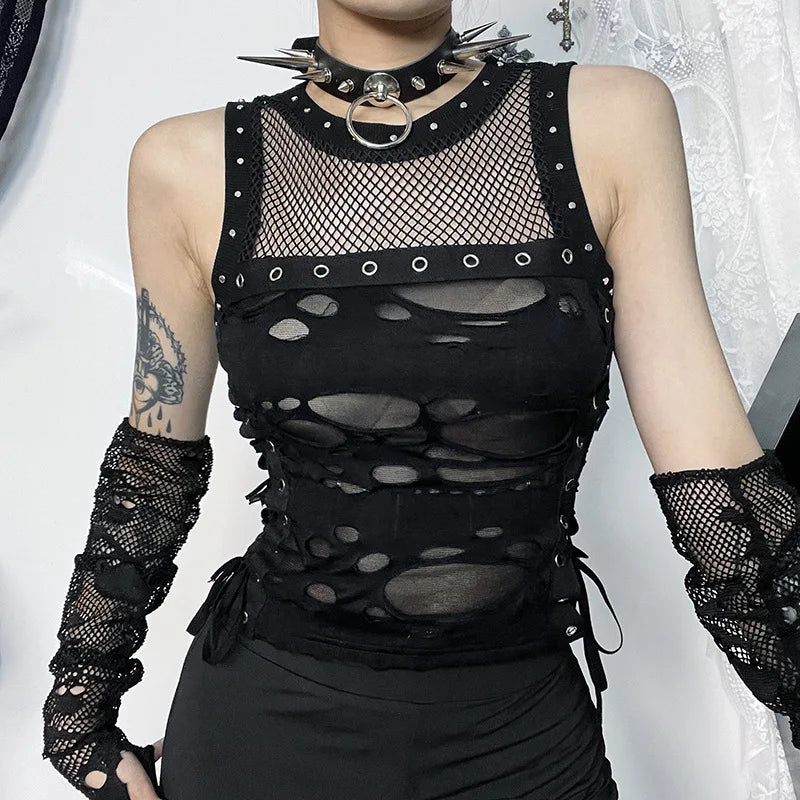 Gothic Crop Tops Tanks Trendy Camisole Fishnet Backless Vest