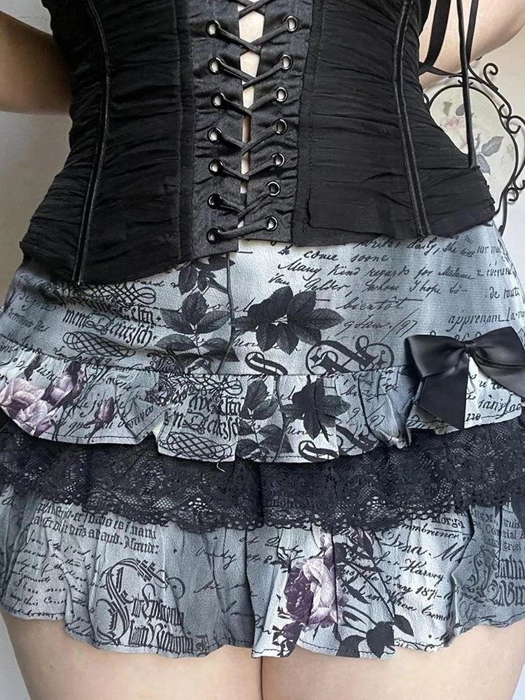 Gothic Aesthetic Short Skirt y2k Print Lace Patchwork Low Rise A-line Mini Skirts Black Bow Stitching Skirt Lady Vintage