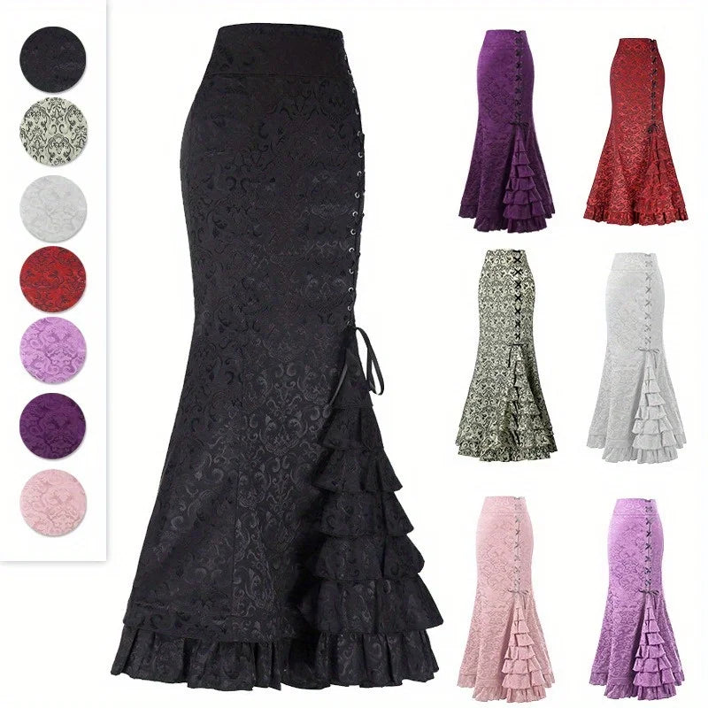 Skirts for Women's Gothic Skirts Jacquard Long Skirts Lace-up Hip Fishtail Skirts