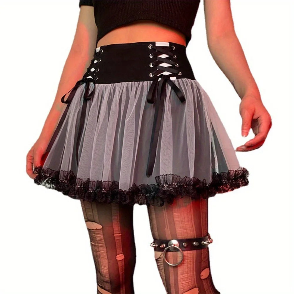 Gothic Mesh A-Line Skirt: Punk Ruffled Tie-Accent High-Waisted Skirt with Full Flare