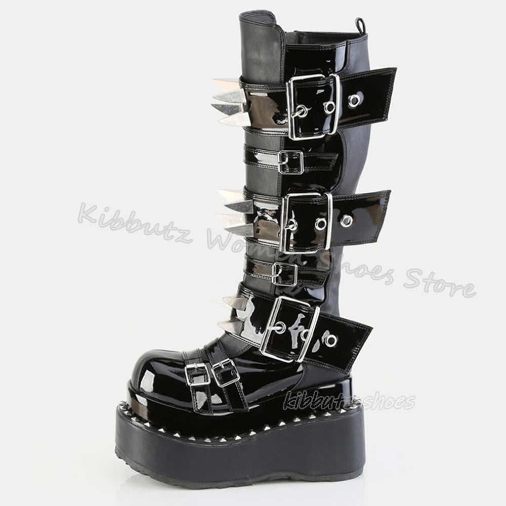 Gothic Boots Knee High Platform Punk Rock Belt Buckle Novelty Leather Thick Bottom