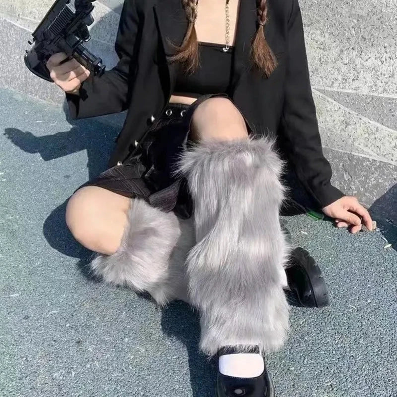 Harajuku Punk Fuzzy Leg Warmers for Women Soft Thickened Plush Boot Cuffs Covers for Winter Fashion and Costume Parties
