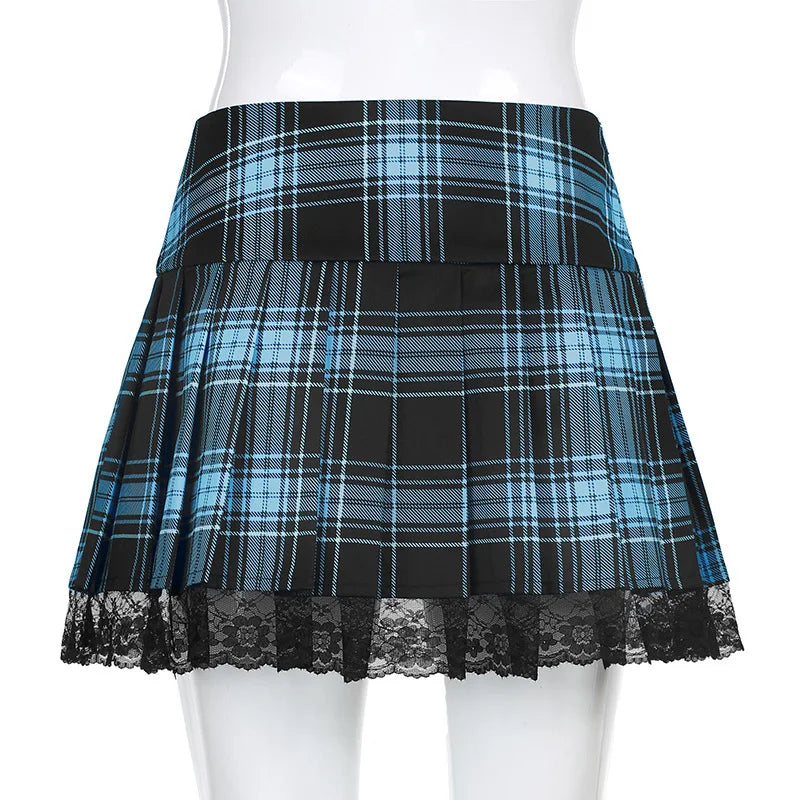 Goth Skirts Summer Y2K Woman Skirts Pink Stripe Plaid Lace Trim Pleated School Plaid Skirt Ladies Aesthetic Tie Up Jupe Femme