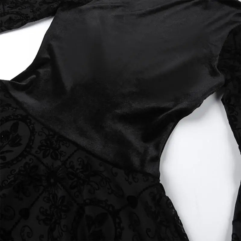 Gothic Dress Black Draped Bodycon Dresses Vintage Dark Flocking Long Skirt Party Birthday Costume for Women Girls