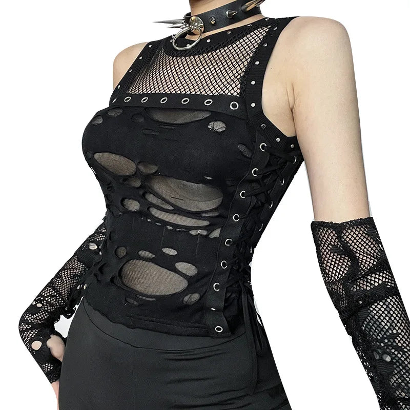 Gothic Crop Tops Tanks Trendy Camisole Fishnet Backless Vest