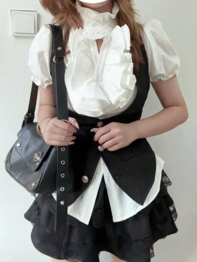 Gothic Preppy Style Design Short Sleeve 3-piece Set Women Fashion Y2k High-waist Black Short Skirt Suit Summer New Slim Outfits