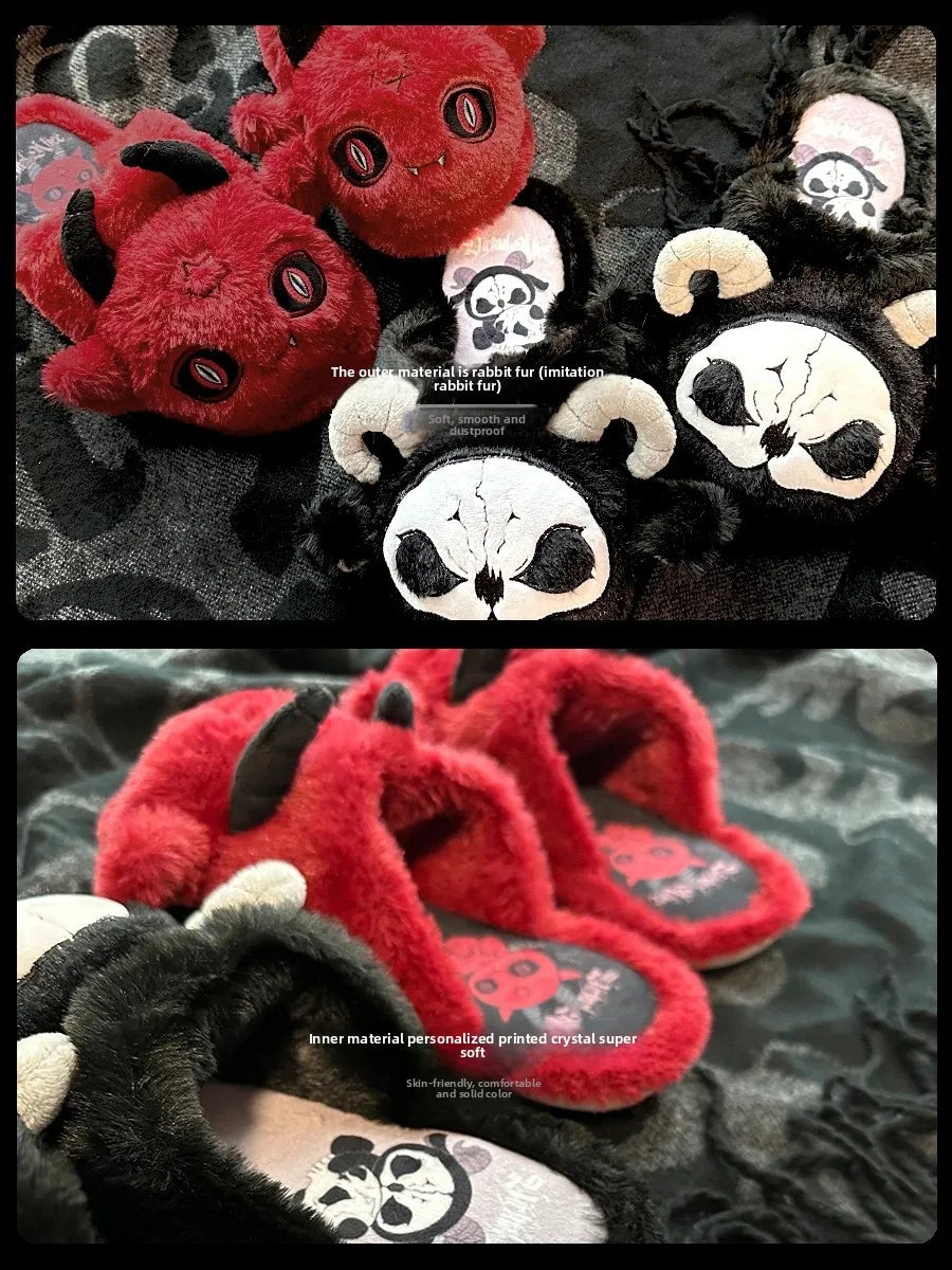 Dark Gothic Slippers Women Subculture Winter Style Flat Bottom Plush Warm Indoor Home Slippers For Women Household Slippers