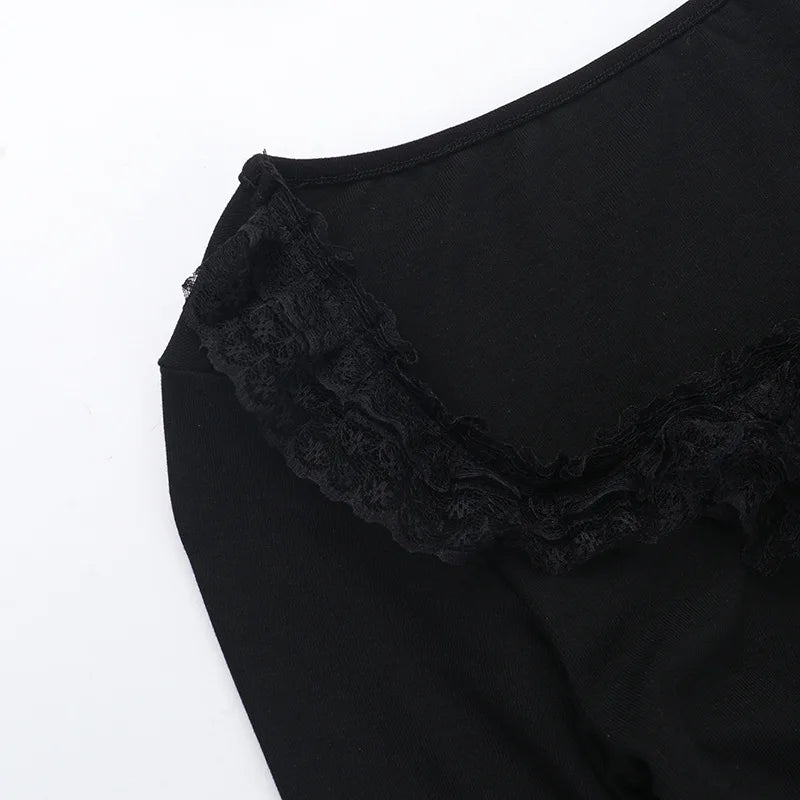 Goth Black Lace Trim Long Sleeve Vintage Lace-up Square Collar Elastic Tops with Choker Cross