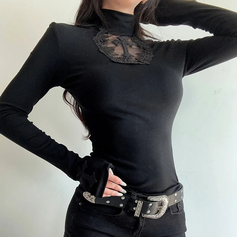 Goth Mesh Patchwork Cross Turtleneck Pullovers