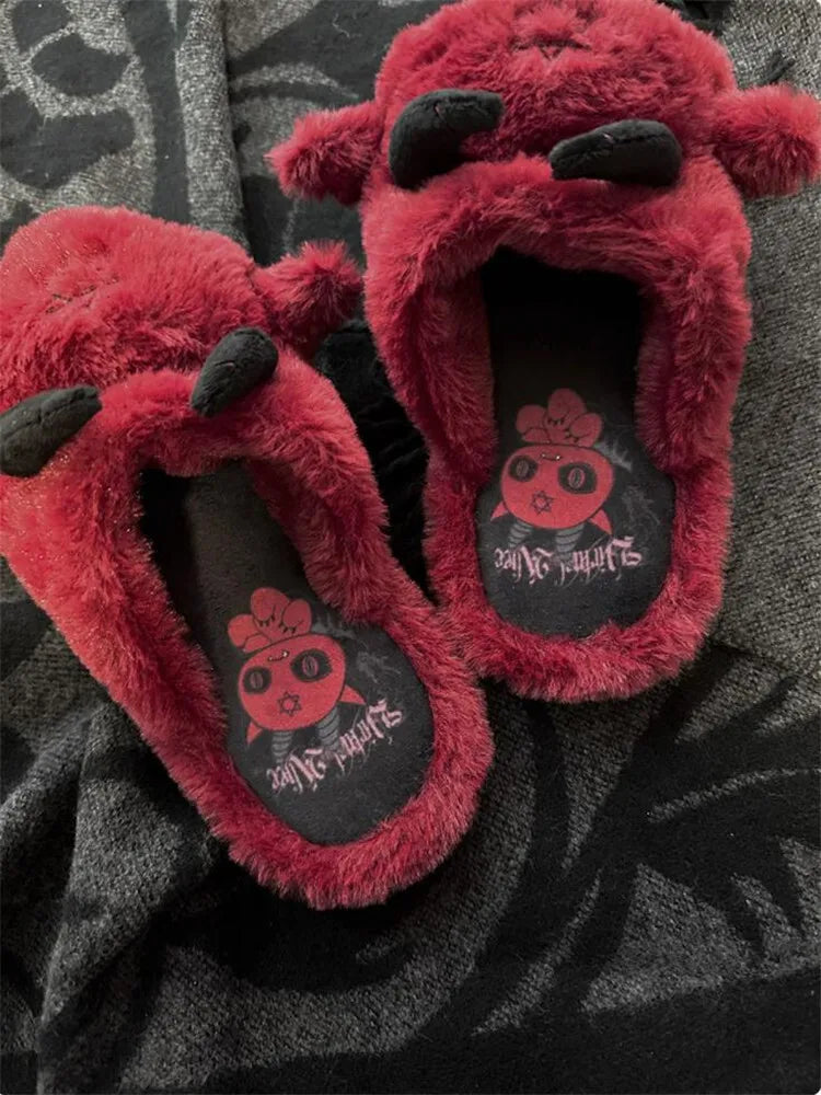 Dark Gothic Slippers Women Subculture Winter Style Flat Bottom Plush Warm Indoor Home Slippers For Women Household Slippers