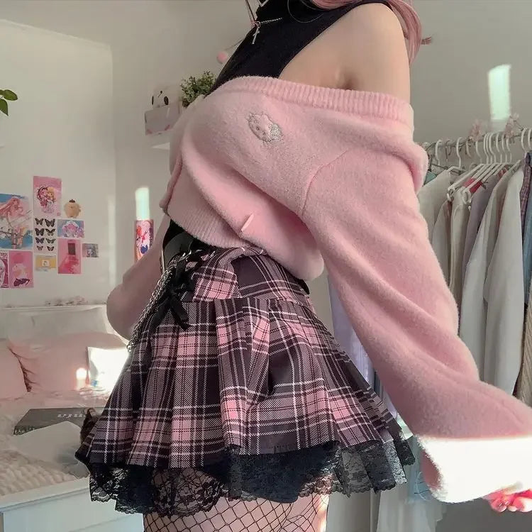 Goth Skirts Summer Y2K Woman Skirts Pink Stripe Plaid Lace Trim Pleated School Plaid Skirt Ladies Aesthetic Tie Up Jupe Femme