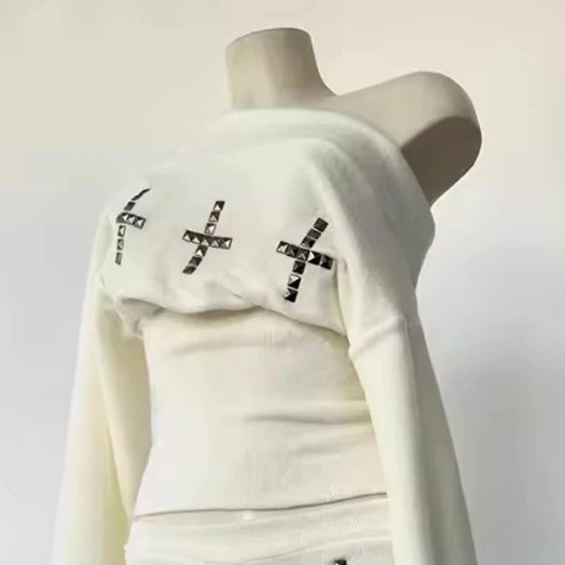 Goth Long Sleeve Two Piece Set Women Off Shoulder Top + Slim Shorts Cross
