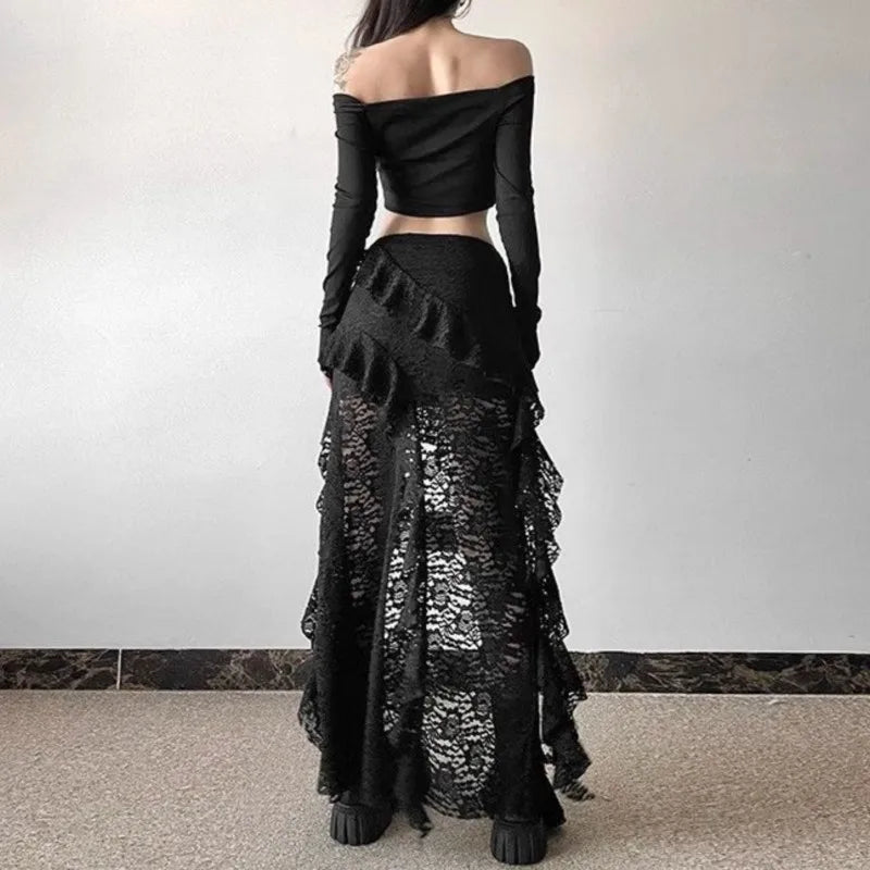 Gothic Skirt Gyaru Kpop Streetwear Lace High waist Casual Aesthetic Long Skirt Femme Hip hop Skirts