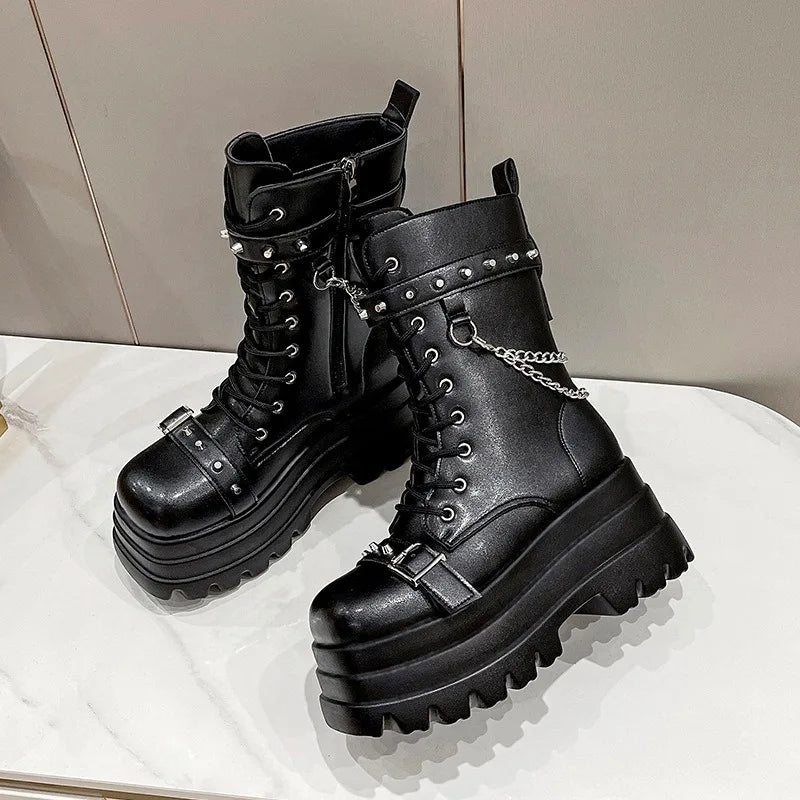 Platform Thick Gothic Boots Lady Buckle Autumn Shoes Women Wedges Knee High Boots Punk Street Cosplay Botas Motorcycle Chain
