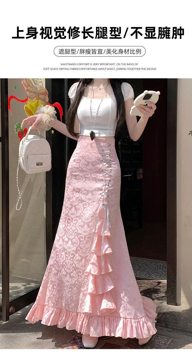 Gothic Long Skirt Punk Fishtail Tied Waist Printed Half Skirt
