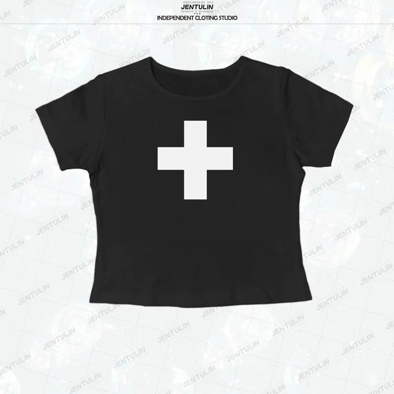 Goth Cross Print Crop Top Short sleeve Tees