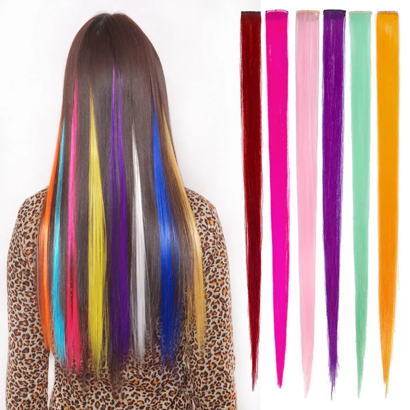 Colorful Highlight Clip in Straight Hair Extensions 50cm Synthetic Hairpieces