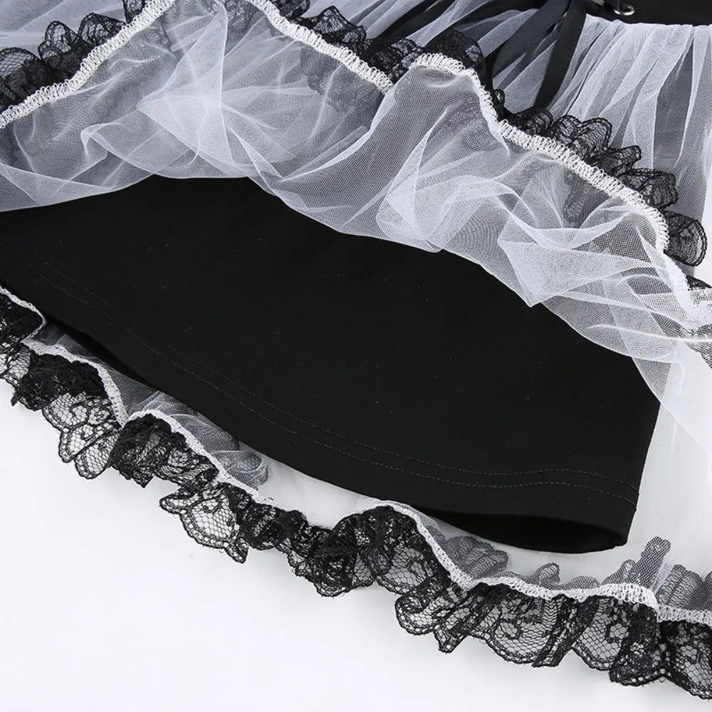 Gothic Mesh A-Line Skirt: Punk Ruffled Tie-Accent High-Waisted Skirt with Full Flare