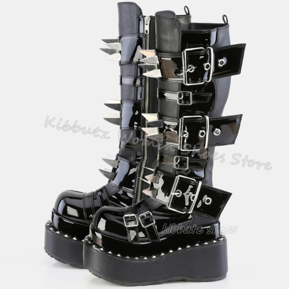 Gothic Boots Knee High Platform Punk Rock Belt Buckle Novelty Leather Thick Bottom