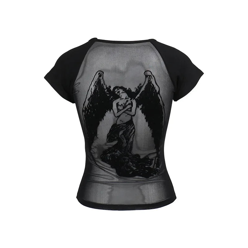 Gothic See Through Angel Graphic Print T-shirt