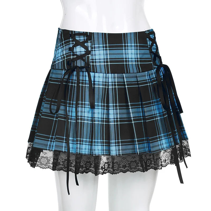 Goth Skirts Summer Y2K Woman Skirts Pink Stripe Plaid Lace Trim Pleated School Plaid Skirt Ladies Aesthetic Tie Up Jupe Femme