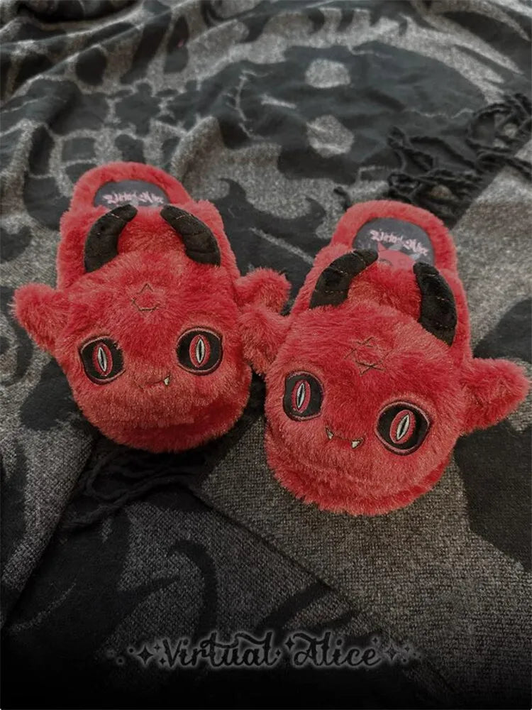 Dark Gothic Slippers Women Subculture Winter Style Flat Bottom Plush Warm Indoor Home Slippers For Women Household Slippers