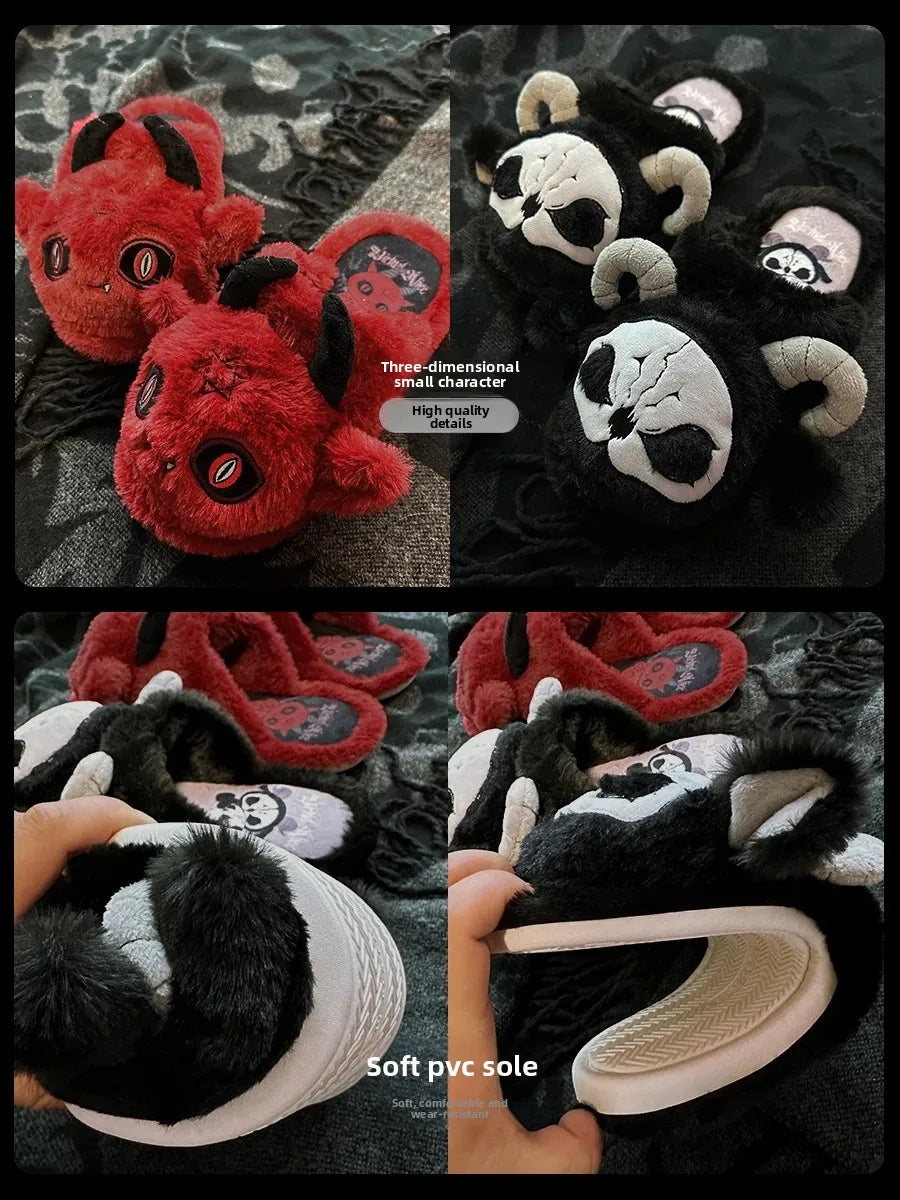 Dark Gothic Slippers Women Subculture Winter Style Flat Bottom Plush Warm Indoor Home Slippers For Women Household Slippers
