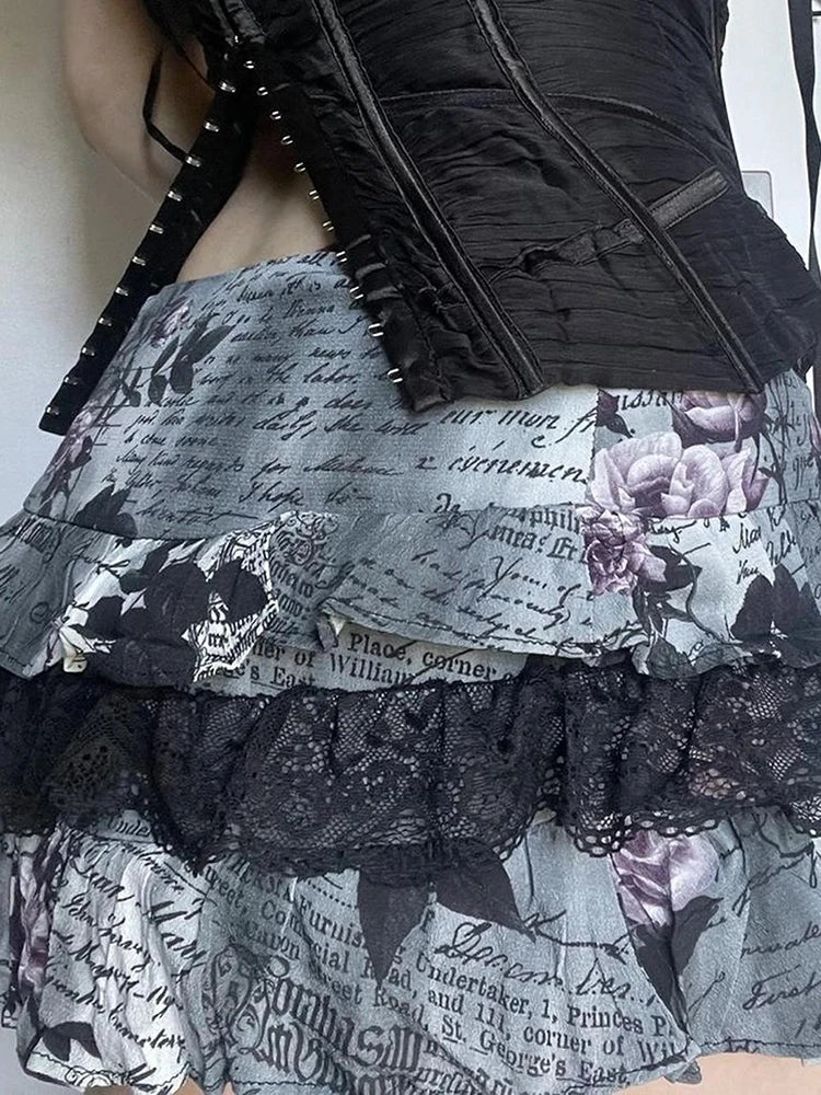 Gothic Aesthetic Short Skirt y2k Print Lace Patchwork Low Rise A-line Mini Skirts Black Bow Stitching Skirt Lady Vintage