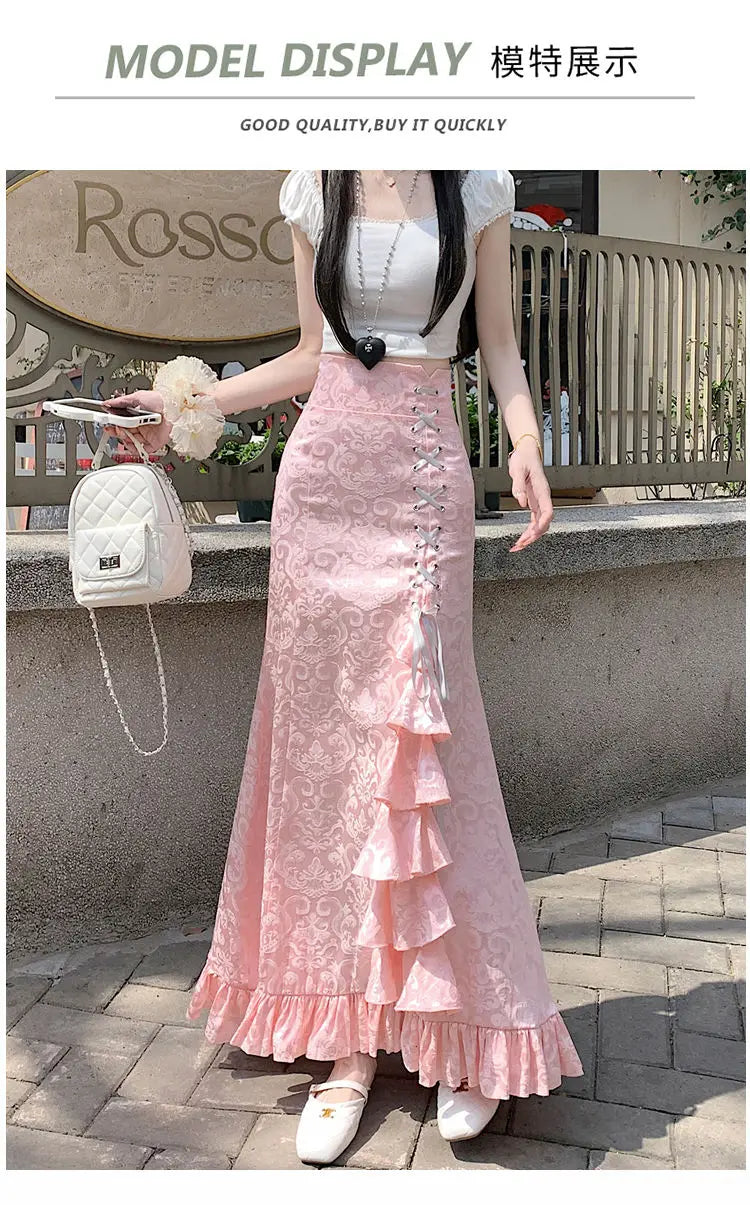 Gothic Long Skirt Punk Fishtail Tied Waist Printed Half Skirt