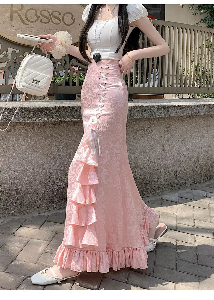 Gothic Long Skirt Punk Fishtail Tied Waist Printed Half Skirt