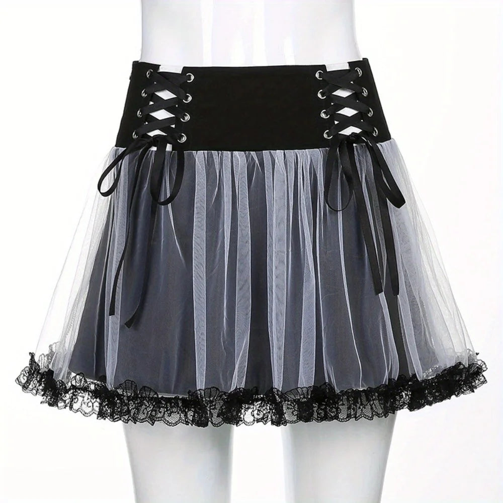 Gothic Mesh A-Line Skirt: Punk Ruffled Tie-Accent High-Waisted Skirt with Full Flare