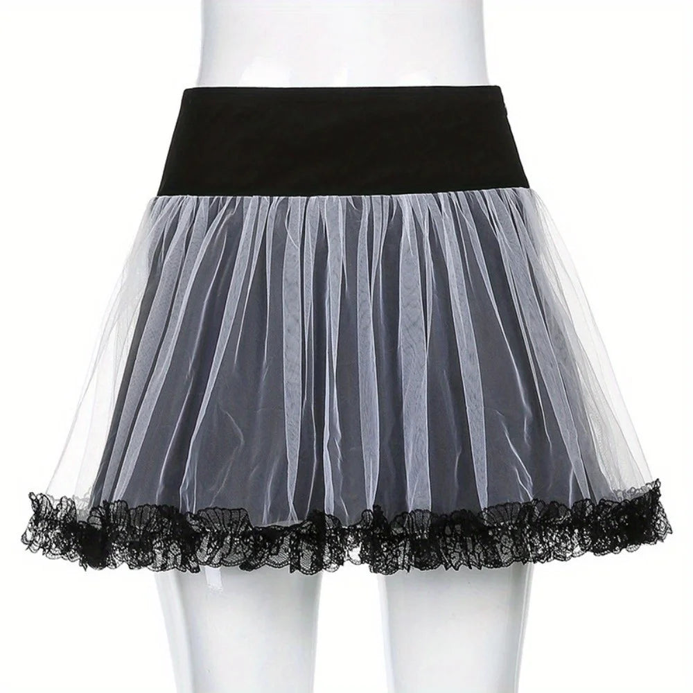 Gothic Mesh A-Line Skirt: Punk Ruffled Tie-Accent High-Waisted Skirt with Full Flare