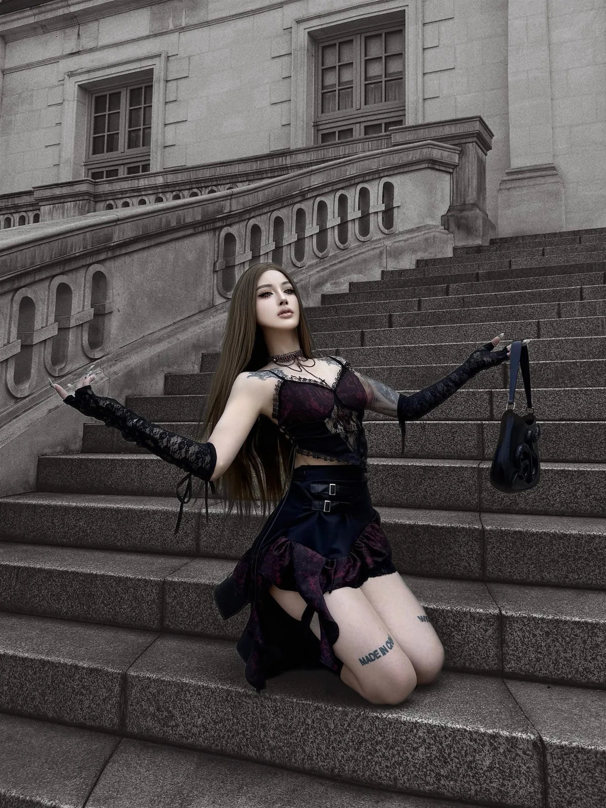 Gothic Costume Women Black Red Lace Halter Cropped Tops with Mini Tutu Skirt Two Pieice Subculture Street Vampire Witch Style