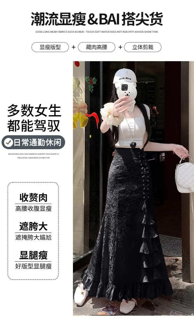 Gothic Long Skirt Punk Fishtail Tied Waist Printed Half Skirt