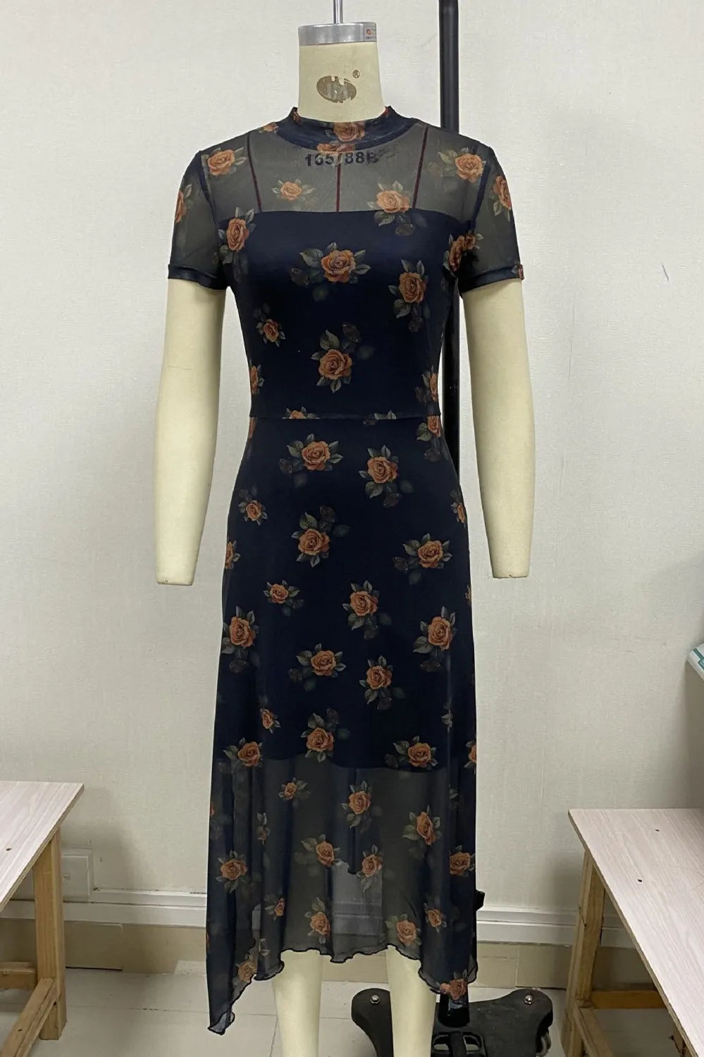Goth Dark Elegant Fashion Florals Print Short Sleeve Mid Dress Fairy Double Layer Dresses