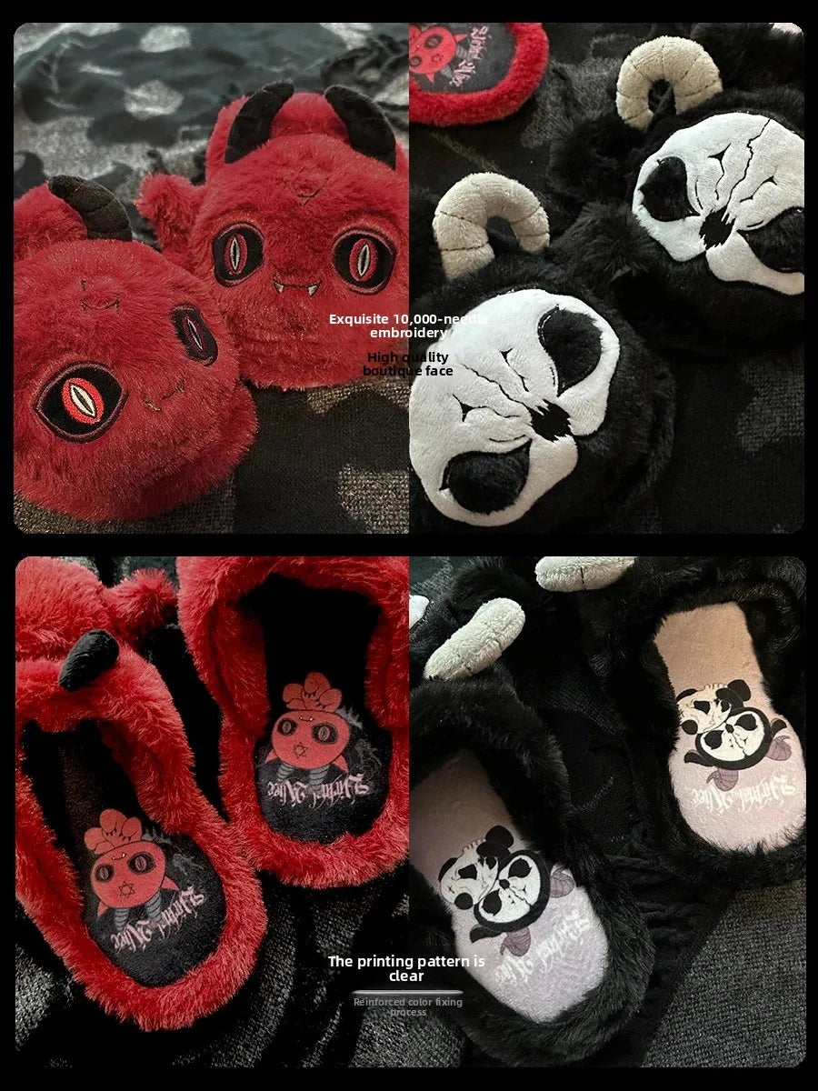 Dark Gothic Slippers Women Subculture Winter Style Flat Bottom Plush Warm Indoor Home Slippers For Women Household Slippers