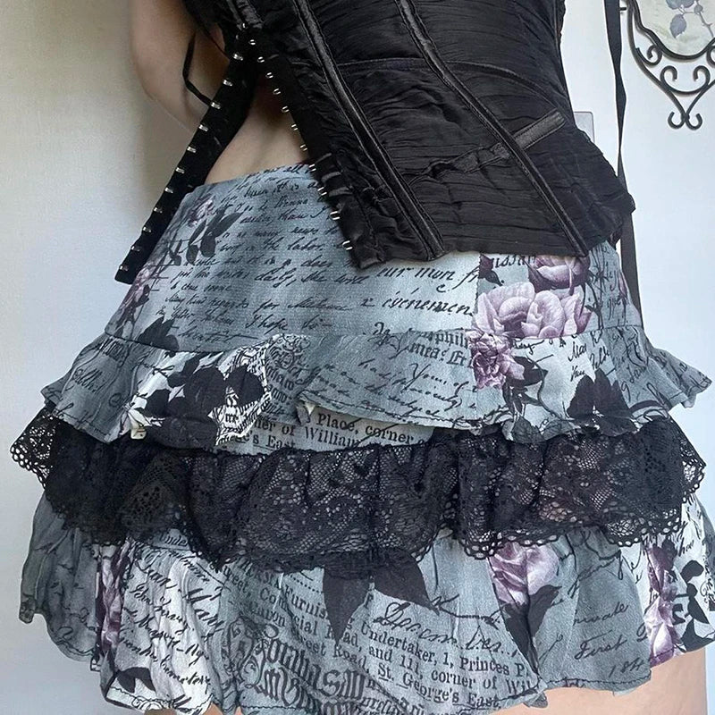 Gothic Aesthetic Short Skirt y2k Print Lace Patchwork Low Rise A-line Mini Skirts Black Bow Stitching Skirt Lady Vintage