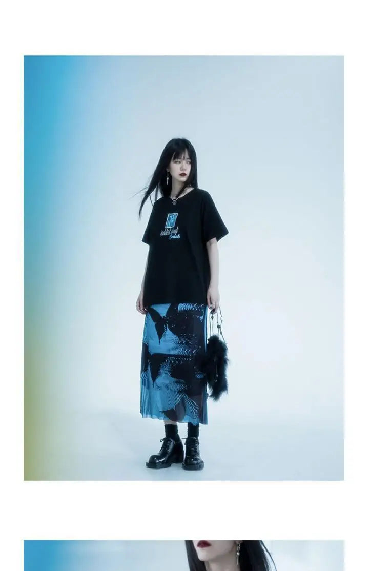 KOSAHIKI Gothic Pleated Skirts Womens Blue Saia Black Butterfly Print High Waist Skirt Woman Y2k Faldas Mujer Moda 2025 Korean