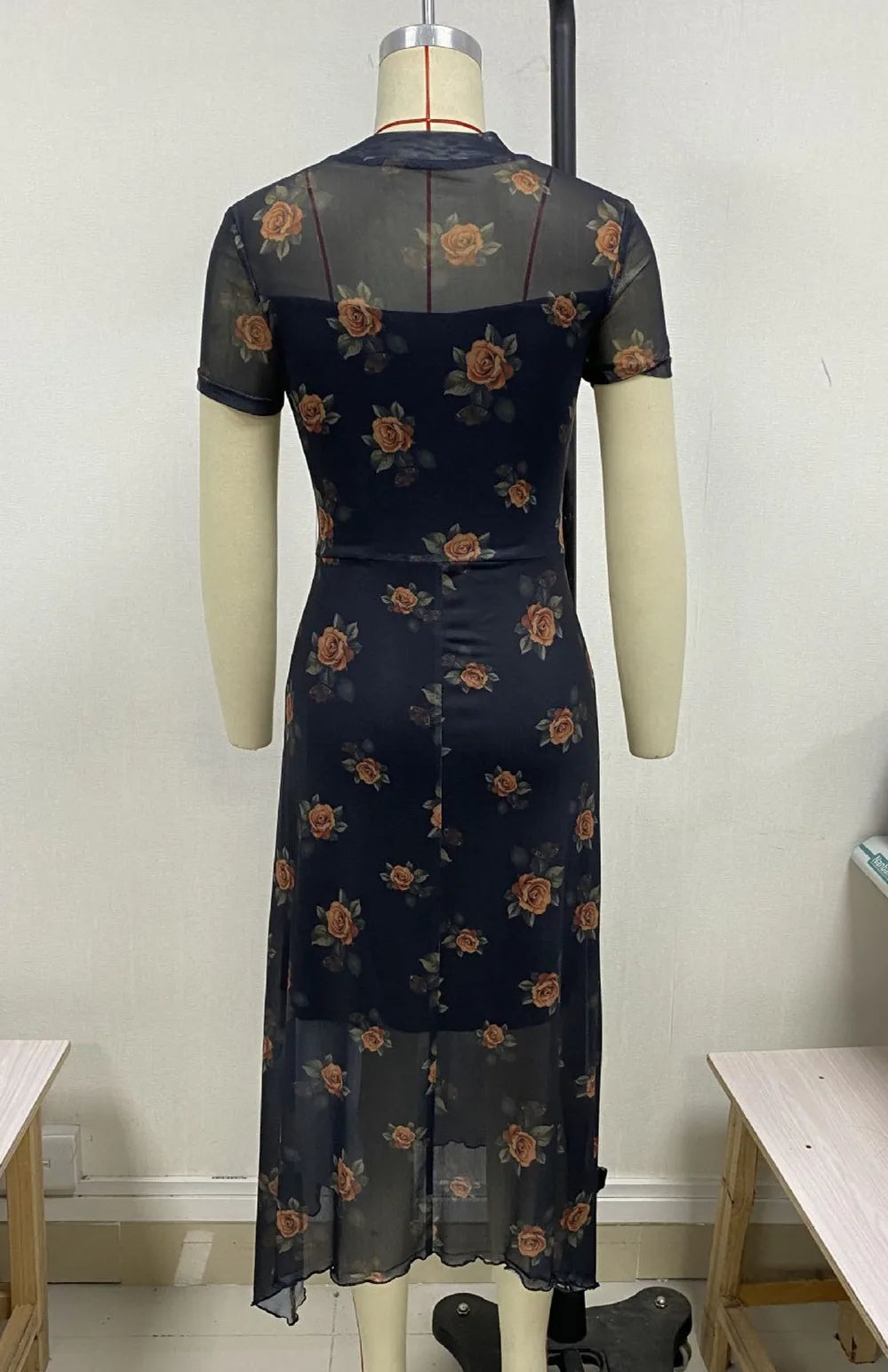 Goth Dark Elegant Fashion Florals Print Short Sleeve Mid Dress Fairy Double Layer Dresses