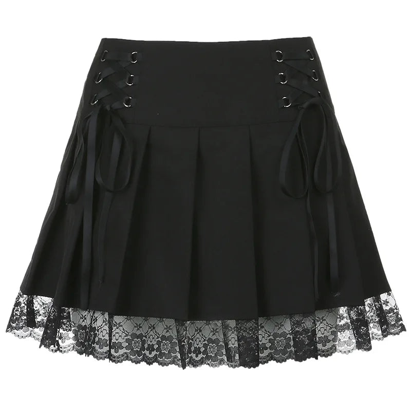Goth Skirt Lace Up Mesh Trim Stitching Women Pleated Skirts Y2K Aesthetic High Waist Retro Streetwear Short Skirt