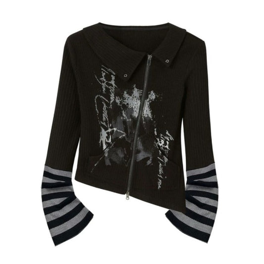 Graffiti Printing Zipper T-shirt Retro Gothic Irregular Top