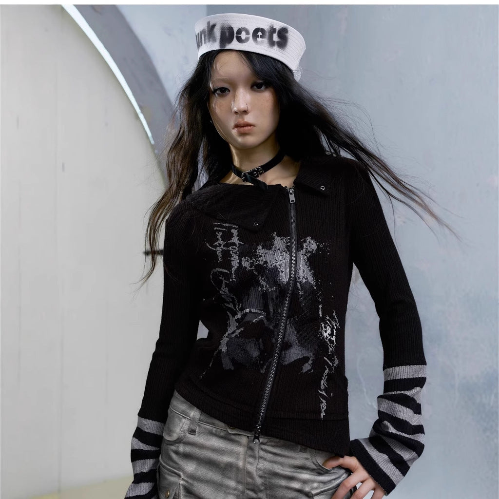 Graffiti Printing Zipper T-shirt Retro Gothic Irregular Top