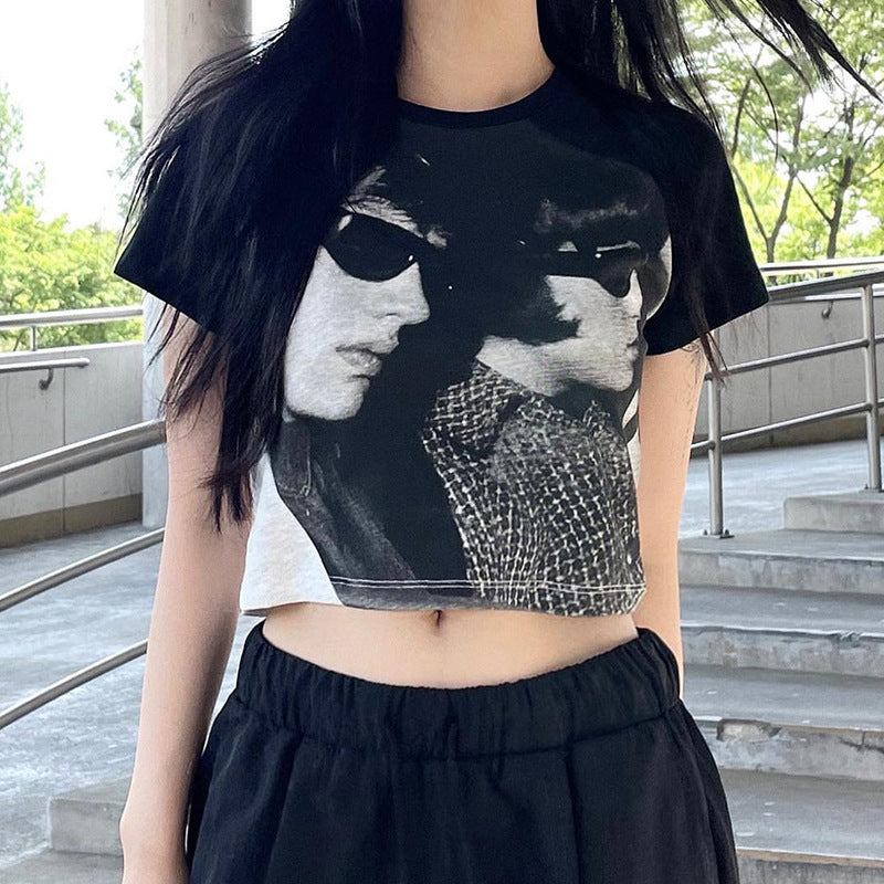 Retro Spice Street Goth Head Print Short Sleeve T-Shirt