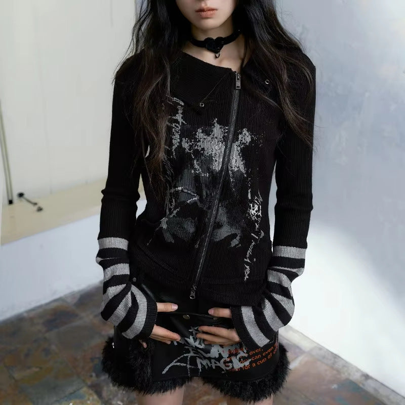 Graffiti Printing Zipper T-shirt Retro Gothic Irregular Top
