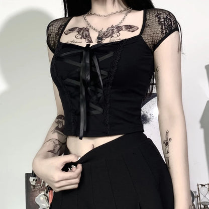 Vintage Bodycon Bandage Lace Black T-shirts