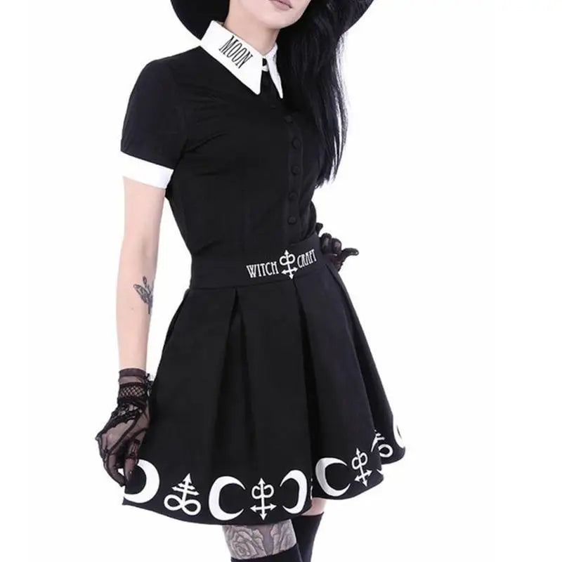 Harajuku Punk Rock Gothic Skirt Black Women Witch Moon Printed High Waist Star Print Goth Pleated Emo Alt Y2K Mini Skirts